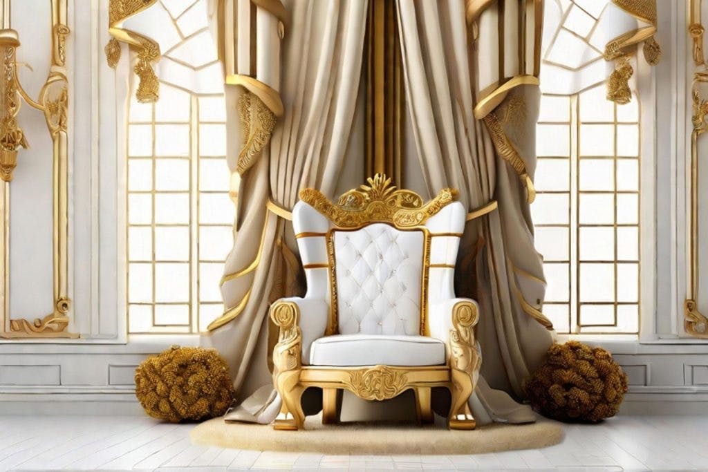  luxurious gold-plated armchair with white leather cushioning